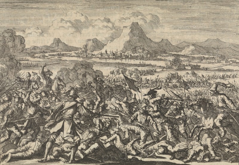 The Imperial army is defeated by the French at Mazia in Valtellina, Italy 1635, Jan Luyken, Pieter van der Aa I, 1698
