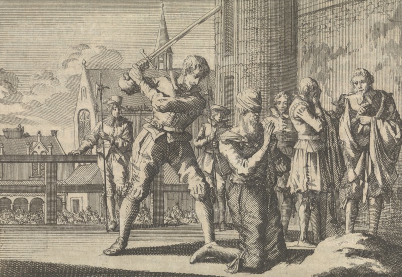 Johan van Barneveld decapitated, 1619, Jan Luyken, Pieter van der Aa (I), 1698
