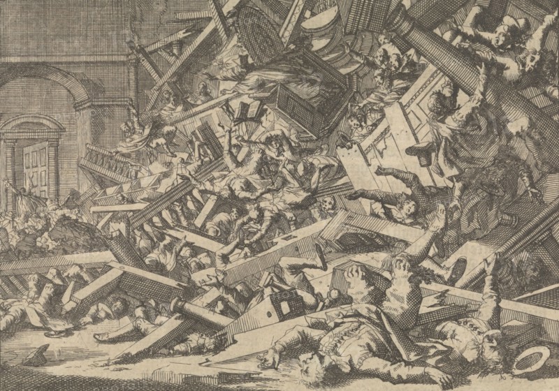 Collapsed gallery during a Catholic worship in the house of the Spanish ambassador in London, 1623, Jan Luyken, Pieter van der Aa I, 1698