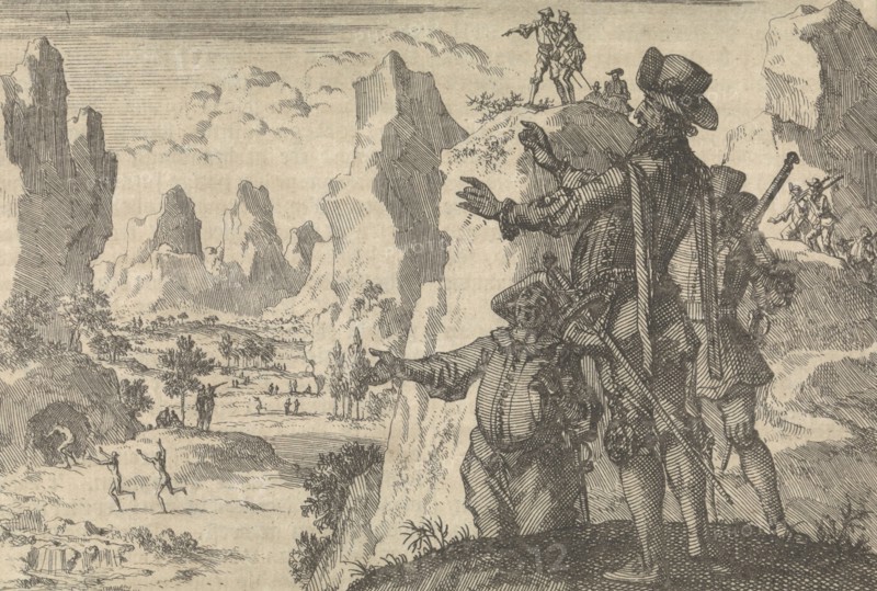 Armed Spaniards watching wild people from rocks, ca. 1600, print maker: Jan Luyken, Pieter van der Aa I, 1698