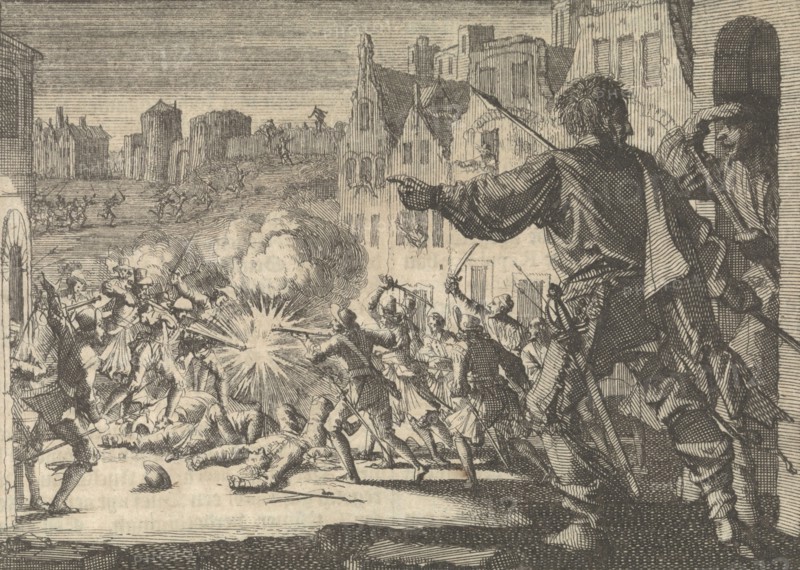 Street fighting in Geneva to defend against an attack by Charles Emmanuel, Duke of Savoy, 1602, Jan Luyken, Pieter van der Aa (I), 1698
