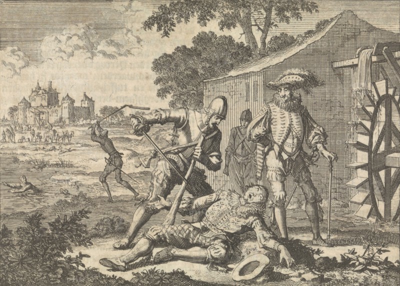Count Wirich Philipp von Daun, Count Falkenstein, killed by Spaniards at a watermill, 1598, Jan Luyken, Pieter van der Aa (I), 1698