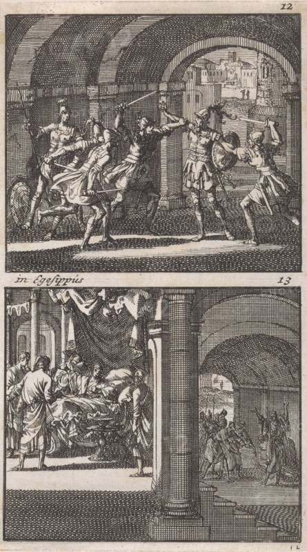 Antigonus is slain at the command of his brother Aristobulus, Death of the king Aristobulus, print maker: Jan Luyken, Barent Visscher, Andries van Damme, 1698
