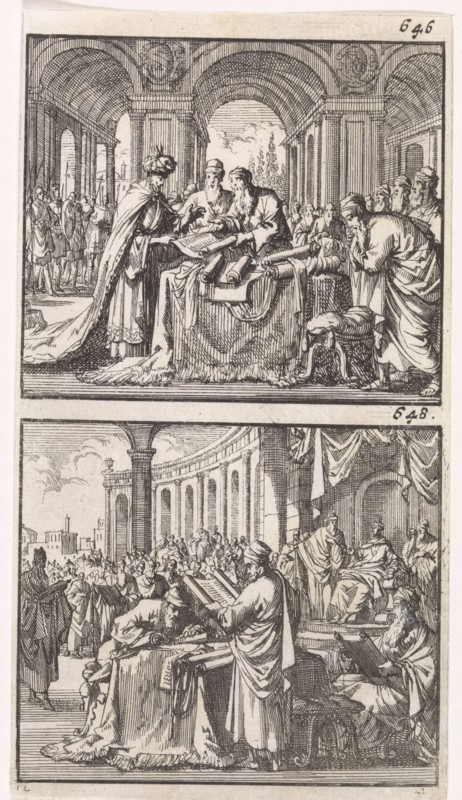 King Ptolemy Philadelphus studying the Hebrew law scrolls, Reading the translation of the law to King Ptolemy Philadelphus, Jan Luyken, Barent Visscher, Andries van Damme, 1698