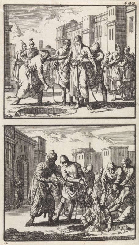 Jeremiah thrown into a pit, Jeremiah pulled out of the pit, Jan Luyken, Barent Visscher, Andries van Damme, 1698