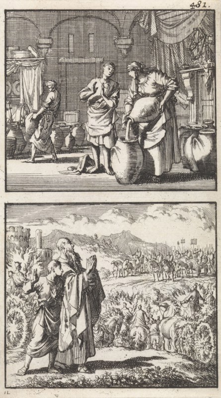 The widow of Zarephath fills the miraculous cruse of oil, Elisa's performance in the war against Syria, Jan Luyken, Barent Visscher, Andries van Damme, 1698
