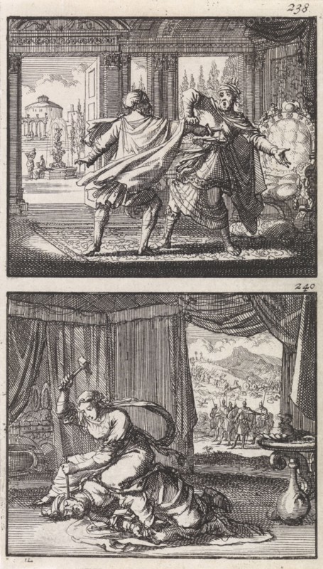 Eglon slain by Ehud, Jael killing Sisera, Jan Luyken, Barent Visscher, Andries van Damme, 1698