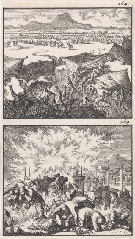 Dathan and Abiram and their families swallowed by the earth, Destruction of the tribe of Korah, Jan Luyken, Barent Visscher, Andries van Damme, 1698