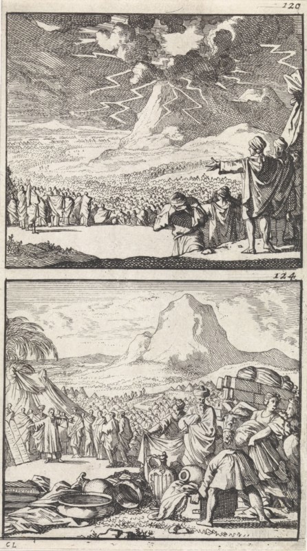 Moses explains the Ten Commandments to the elders on Mount Sinai, Caspar Luyken, Barent Visscher, Andries van Damme, 1698
