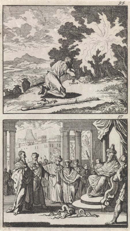 Moses at the burning bush, Moses and Aaron before the Pharaoh, Caspar Luyken, Barent Visscher, Andries van Damme, 1698