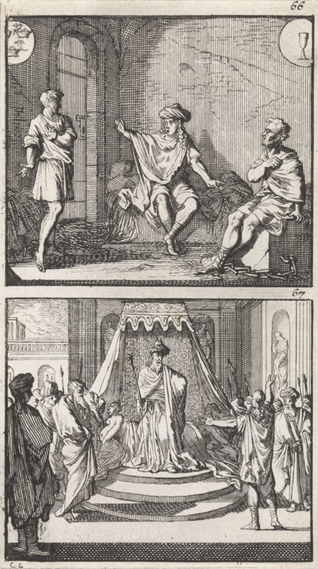 Joseph interprets dreams in jail, Joseph interprets the dreams of the Pharaoh, print maker: Caspar Luyken, Barent Visscher, Andries van Damme, 1698