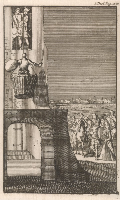 Don Clarazel in a laundry basket, Caspar Luyken, Johannes Broersz, Nathanael Holbeex, 1697