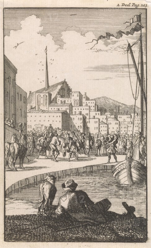 Upon leaving the ship Mussabelin, Don Clarazel is received by the Duke of Nevers, Caspar Luyken, Johannes Broersz, Nathanael Holbeex, 1697