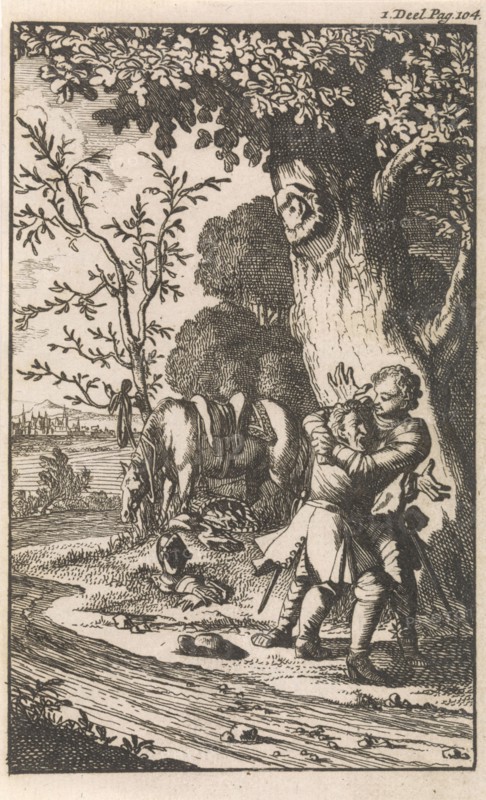 Don Clarazel embraces Gandales, he chooses his squire, Caspar Luyken, Johannes Broersz, Nathanael Holbeex, 1697