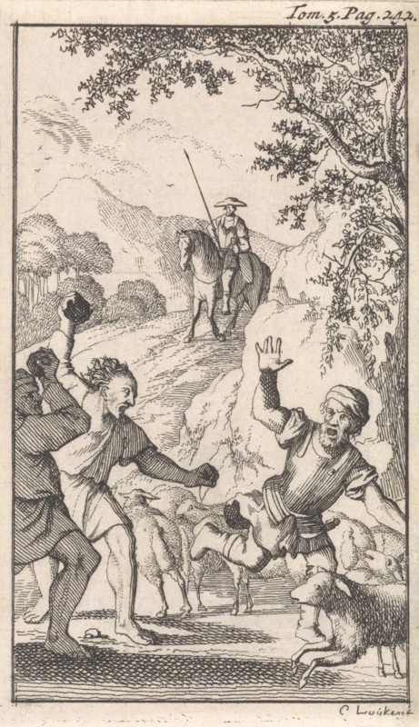 Sancho is stoned by shepherds, print maker: Caspar Luyken, Pieter Mortier, 1696