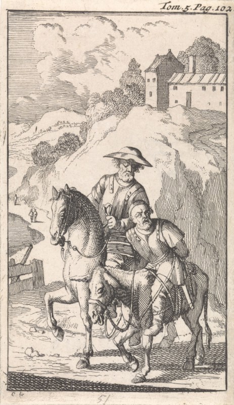 Sancho is tied up by his master on a donkey, Caspar Luyken, Pieter Mortier, 1696