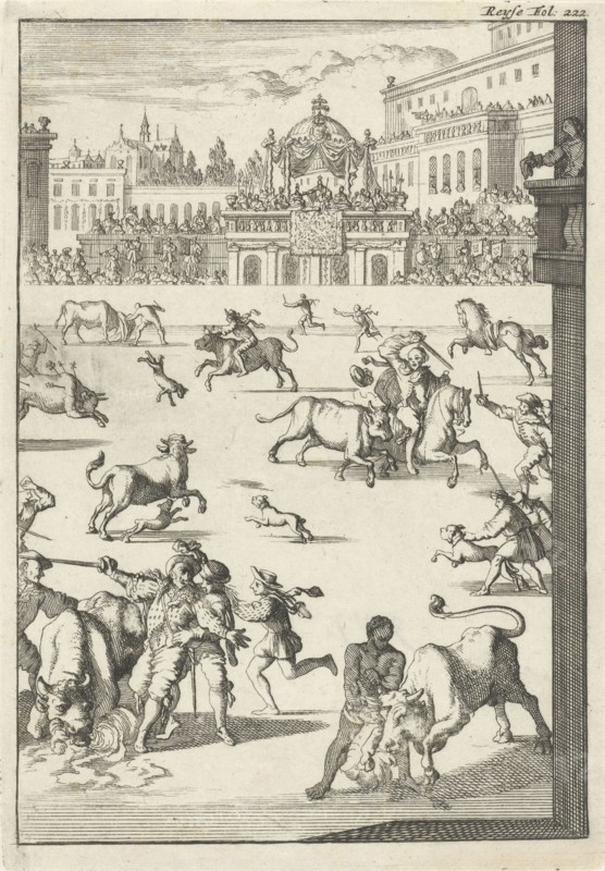 Bullfight in an arena, Caspar Luyken, Willem Broedelet, 1696