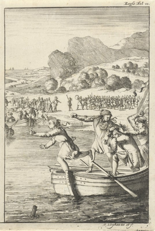 The cook of Marie-Catherine d'Aulnoy arguing on a rowing boat with some girls from Biscay, Caspar Luyken, 1696