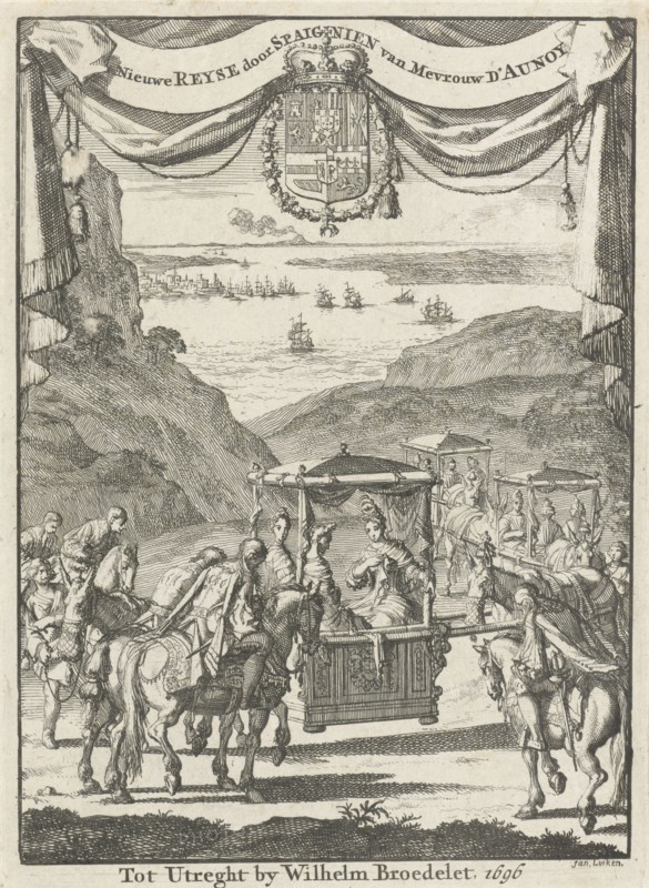 Writer Marie-Catherine d'Aulnoy greeted in a litter by five riders, Jan Luyken, Willem Broedelet, 1696