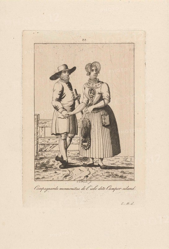Man and woman in costume from Kampereiland, Carl Cristiaan Fuchs, Pieter van der Meulen, Harmanus Langerveld, 1802-1855