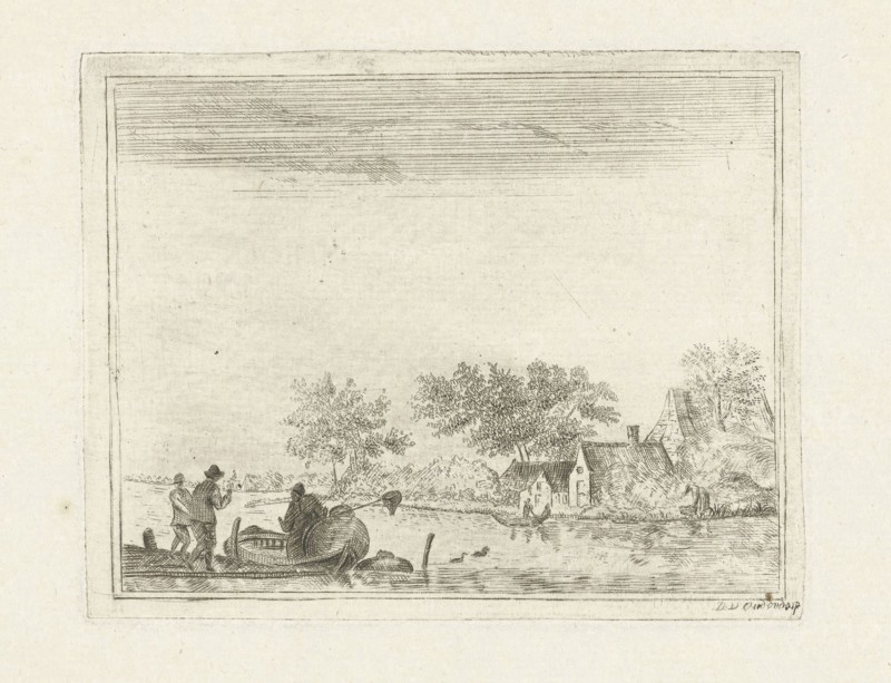 River view with rowing boat at Rijnsaterwoude, The Netherlands, DaniÃ«l Nicolaas Chimaer van Oudendorp, c. 1812 - c. 1828