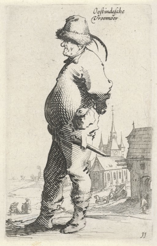 Man in profile, in the background a church and a building with gallery, Salomon Savery, Pieter Jansz. Quast, 1630 - 1665