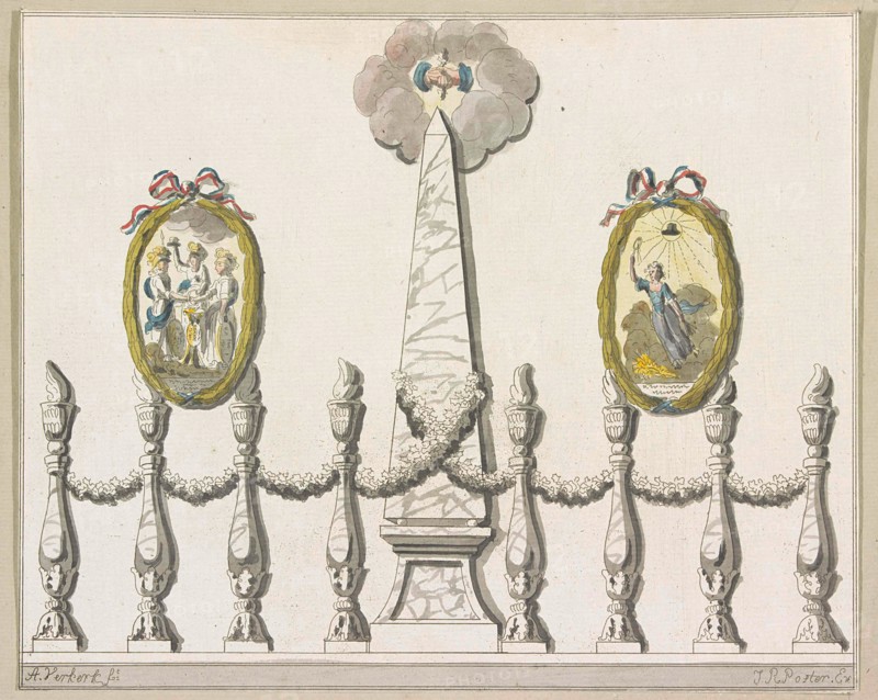 Coming unity and indivisibility of the Batavian Commonwealth and the Alliance, decoration at the Town Hall on the Dam, Amsterdam The Netherlands, 1795, A. Verkerk, Johannes Roelof Poster, 1795
