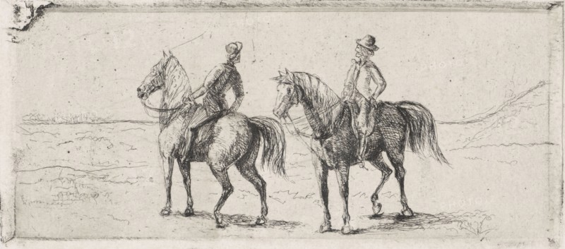 Landscape with two horsemen, print maker: Cornelis Albertus Johannes Schermer, 1839 - 1915