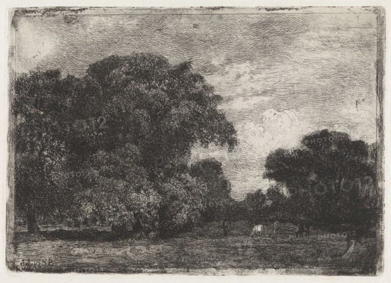 Landscape with three trees and grazing cows, Julius Jacobus van de Sande Bakhuyzen, 1845 - 1925