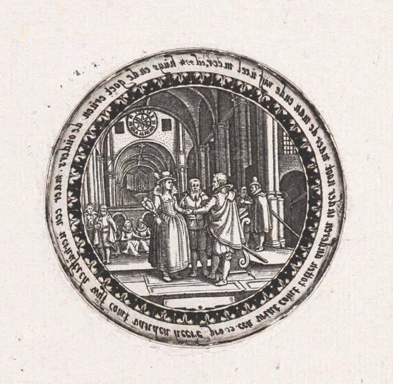 Print of a medallion with a depiction of a wedding ceremony in a church, Dirck Strijcker, 1607 - 1677