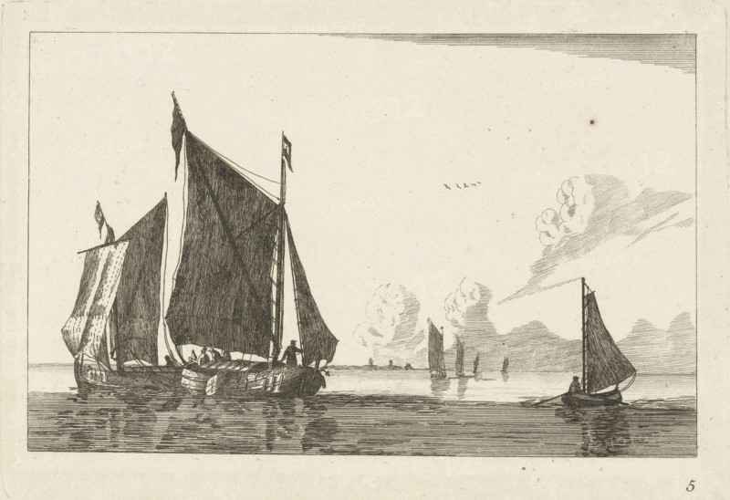 Three sailboats in calm water, print maker: Anonymous, Reinier Nooms, Chéreau possibly, 1700 - 1799