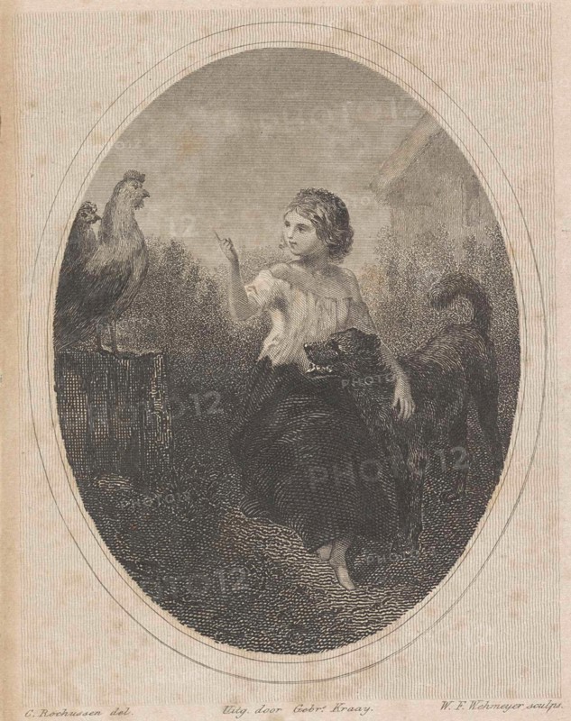 Girl with a dog and poultry, Willem Frederik Wehmeyer, Gebroeders Kraay, 1834 - 1854