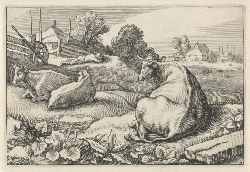 Pasture with three reclining cows, Reinier van Persijn, Jacob Gerritsz Cuyp, Nicolaes Visscher (I), 1641