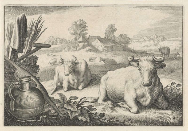 Meadow with two reclining cows, Reinier van Persijn, Jacob Gerritsz Cuyp, Nicolaes Visscher (I), 1641
