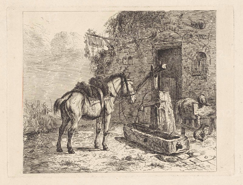 Horse before an inn, Abraham Hendrik Winter, 1815-1860