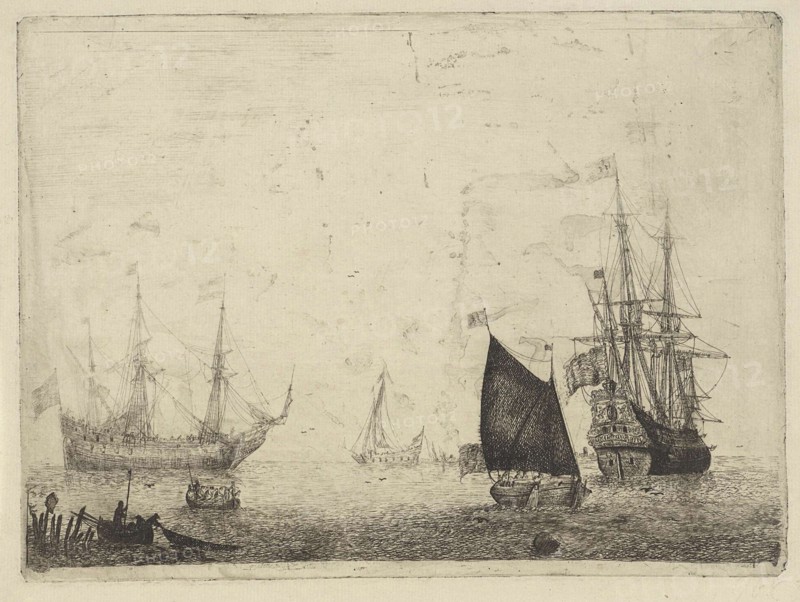 Seascape with two three-masters with lowered sails, print maker: Adam Silo, 1689 - 1760