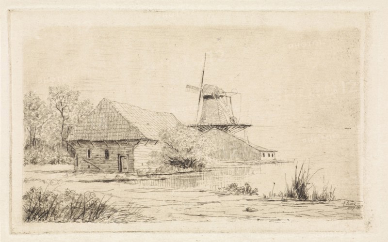 Barn and windmill on the water, Elias Stark, 1887
