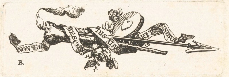 Vignette featuring a burning torch, arrow, heart and ribbon with the inscription non erubecsendis adurit ignitus. Willem Bilderdijk, 1766 - 1831