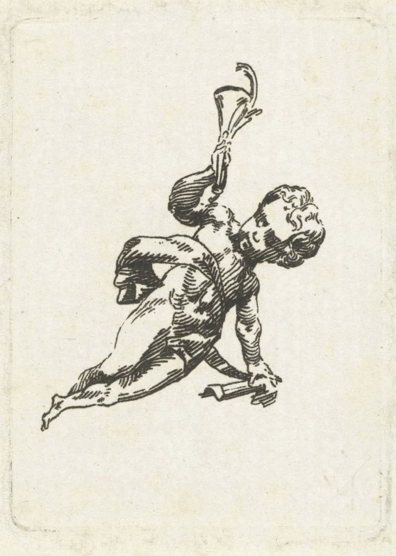 Vignette with putto with trumpet and palm, print maker: Willem Bilderdijk, 1766 - 1831