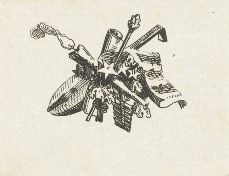 Vignette with cither, burning torch and music sheet. Willem Bilderdijk, 1766 - 1831