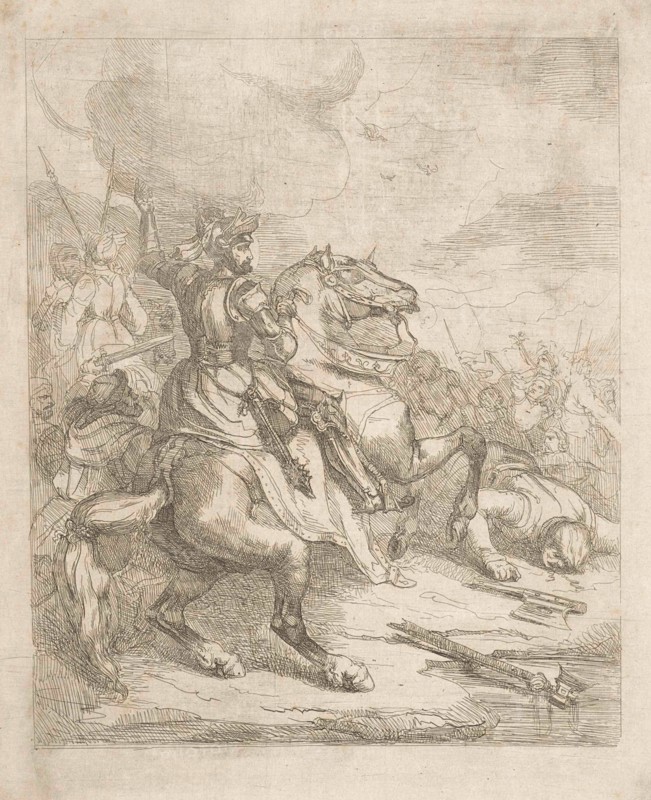 Henry II, Holy Roman Emperor on horseback in battle, print maker: Theodoor Schaepkens