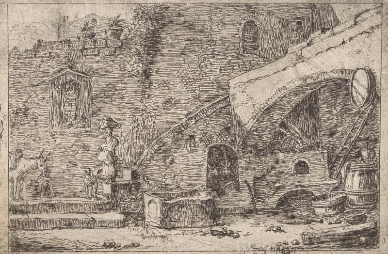 Courtyard with wife and child at a staircase, Thomas Wijck, 1626-1677
