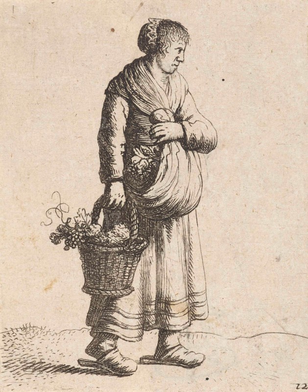 Woman with basket, print maker: Jan Gillisz. van Vliet, 1635