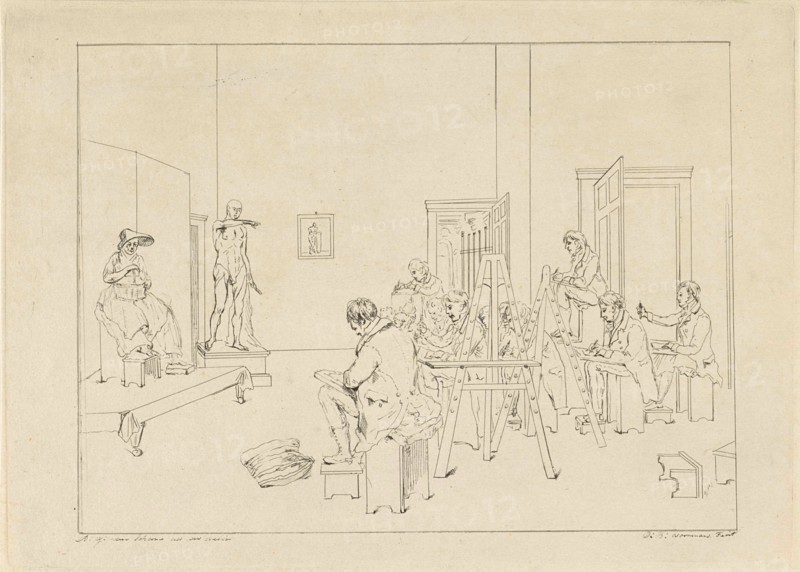 Drawing class, print maker: DaniÃ«l Batavus Voorman, Adrianus Gerardus van Schoone, 1805 - 1850