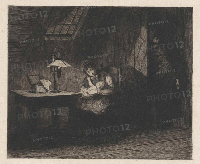 Woman with child by lamplight, Willem Steelink II, 1866-1928