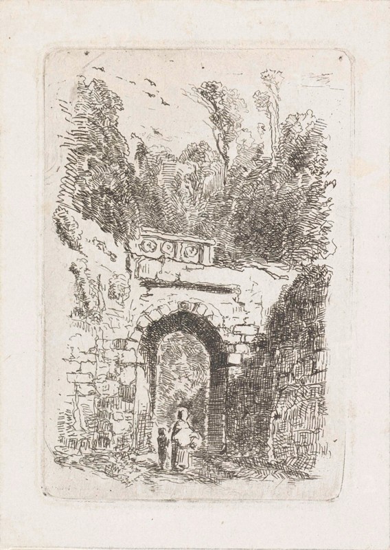 Woman with child at a gate, Maria Vos, 1834 - 1906