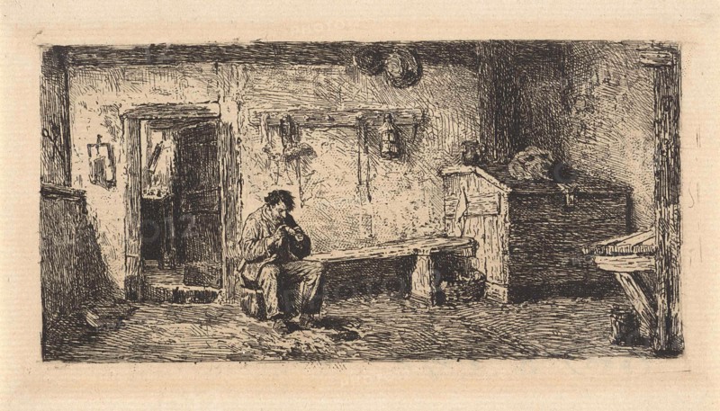 Pipe Smoking man in a barn, Hendrik Jacobus Scholten, 1836 - 1907