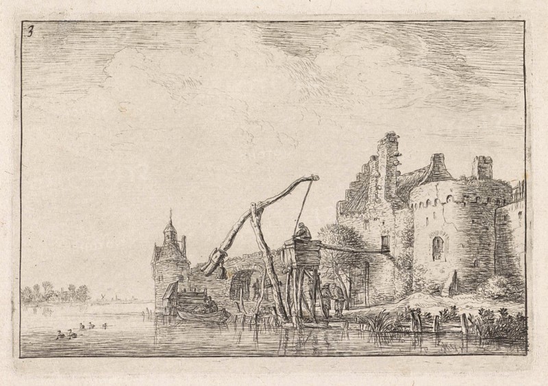 Walls seen from the water, print maker: Anthonie Waterloo, Cornelis Danckerts II, 1630 - 1663 and or 1630 - 1718