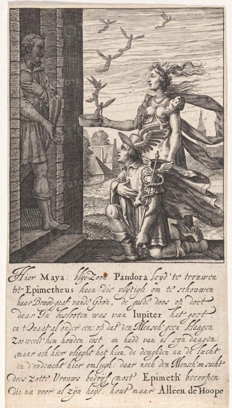 Pandora and Epimetheus, print maker: Pieter Serwouters, 1601 - 1657