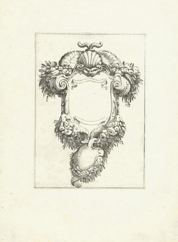 Cartouche with mask and cornucopias, Agostino Mitelli, print maker: Anonymous, after 1619 - before 1642